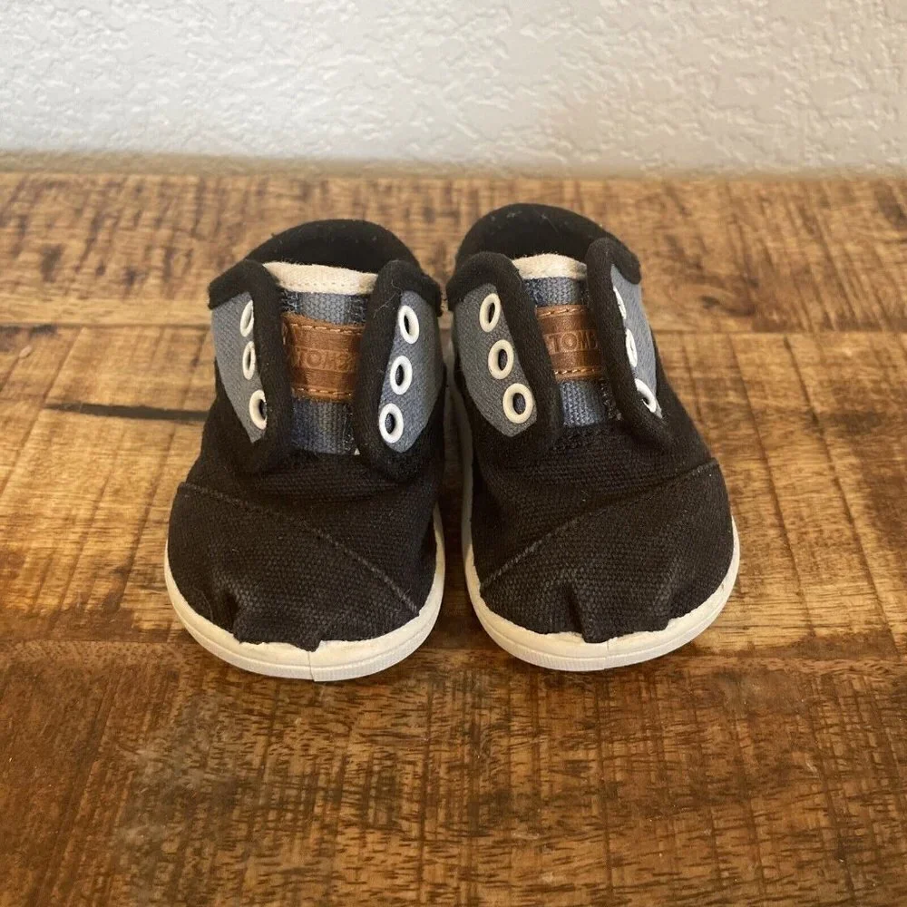 Toms Infant Baby T3 3 Black Blue Black Canvas Shoes Sneakers Toddler Slip On